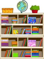 Vector flat cartoon books on bookcase stand isolated on empty background-furniture and interior elements,reading and learning concept,web site banner ad design