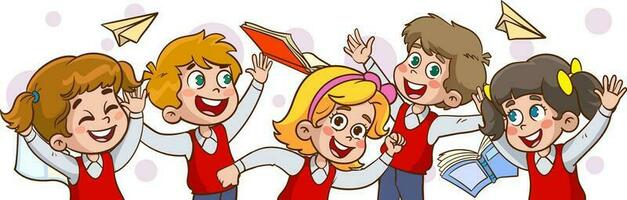 Group diverse elementary classmates in school uniform jumping surrounded by flying notebooks and books. Adorable school boys and girls have fun together horizontal banner isolated vector