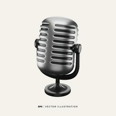 3D Studio realistic microphone and scene audio equipment, vintage and modern metallic microphones isolated on white. Metal object record blog design vector.