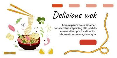 banner de comida asiática, sitio web y plantilla de redes sociales. fideos y palillos. ilustración vectorial vector