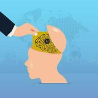 Businessman hand install artificial intelligence brain chip to the head design vector