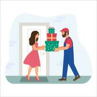 Fast delivery service man giving box to customer door.Woman Receiving gift  boxes from Man Courier Worker. Congratulation with International Women Day, Birthday, Anniversary, Christmas. vector