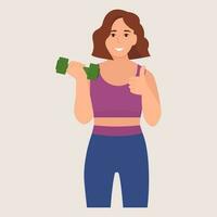 sonriente tonificado niña en ropa de deporte con pesas formación para bueno cuerpo cifra. sano estilo de vida. vector ilustración.