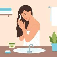 joven niña aplicando pelo máscara en baño. mujer tomar cuidado acerca de su cabello, haciendo hogar spa procedimiento. pelo tratamiento.vector ilustración vector