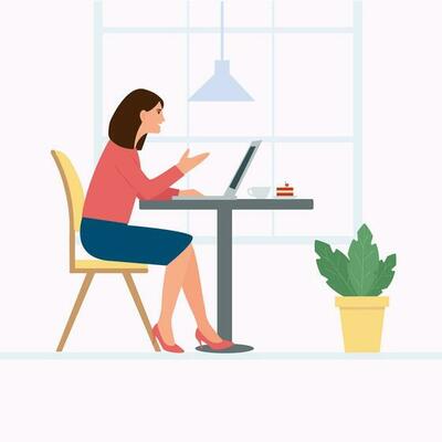 African girl friends chat online. Girl sitting in a chair in front of a  laptop and speaks with friend. Video conference, online chat concept.  Working or online meeting from home. Vector illustration.