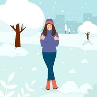 A young woman shivers from the cold, hugs himself with his hands. Girl sensitive to cold freezing outdoor in the snow. Winter season.Cold Weather, Freeze. Vector illustration