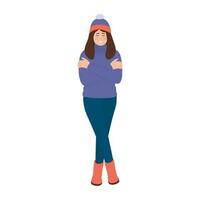 Woman shivering in chilling cold winter season weather. Winter season.Cold Weather, Freeze. Vector illustration