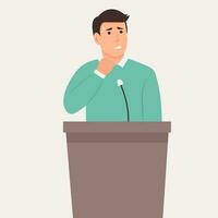 Glossophobia or fear of public speaking. Nervous man feel stressed speaking in front of public. Anxious worried male speaker sweat with pain and anxiety on stage. Concept of audience fear. vector