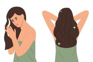 un joven mujer aplica un máscara a su pelo.chica tomar cuidado acerca de su cabello, haciendo hogar spa procedimiento. pelo tratamiento. antes de y después. sano cabello plano dibujos animados estilo vector