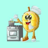 Cute durian character cooking on a stove vector