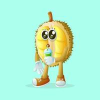 Cute durian character drinking a green smoothie with a straw vector