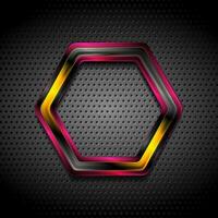 Colorful glossy hi-tech geometric hexagon on perforated background vector