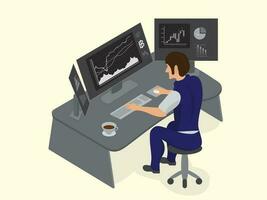 empresario o valores mercado comerciante trabajando a escritorio con Tres monitor demostración datos. vector