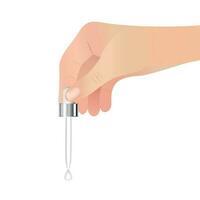 Female cartoon hand holding serum dropper pipette - Vector illustration isolated on white background. EPS 10.