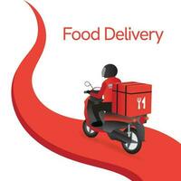 Food delivery app on a smartphone tracking a delivery man on a moped with a ready meal, technology and logistics concept, motorcycle on city road line red color on white background. vector