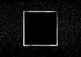 Silver metallic square frame and shiny glowing bokeh lights vector