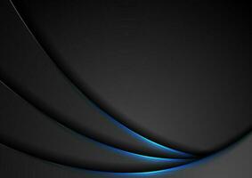 Black abstract wavy background with blue neon light vector