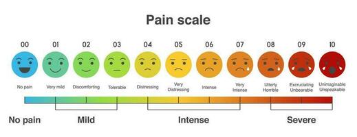 dolor medición escala, plano diseño vistoso icono conjunto de emociones desde contento a llorando vector