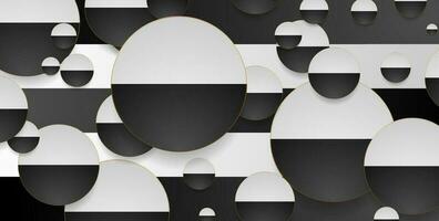 Contrast black and white circles with golden outlines geometric background vector