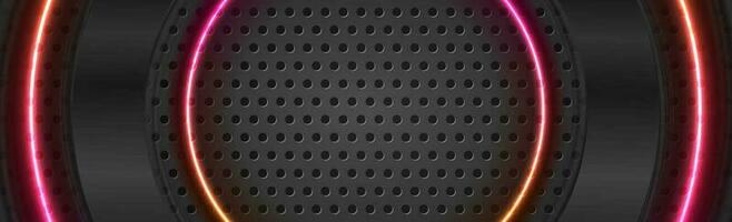 Black glossy and neon circles on dark perforated background vector