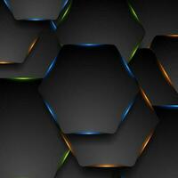 Black tech hexagons with colorful glowing lights abstract background vector