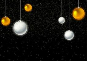 Golden and silver Christmas balls on black snowy background vector