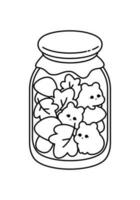 Cute Fall Jar. Vector Line Art Illustration  of a cute jar filled with fall leaves and mushrooms, creatively designed in black lines on an isolated cut out background.