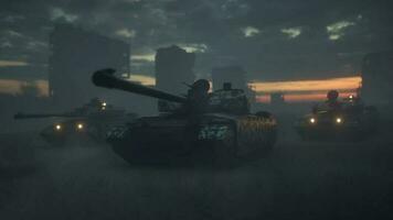 Tanks among the destroyed city. The invasion of tank equipment on someone else's territory. 3d illustration photo