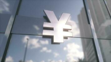 Japanese Yen Sign currency sign on a modern glass skyscraper. Business and finance concept. 3d illustration photo