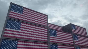 American export or import concept. USA flag containers are located at the container terminal. 3d illustration photo