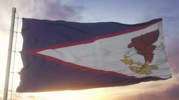 American Samoa flag waving in the wind, sky and sun background. 3d illustration photo
