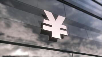 Yuan symbol currency sign on a modern glass skyscraper. Mirrored sky and city on modern facade. 3d illustration photo