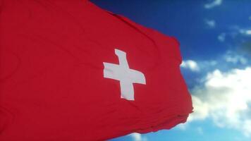 Swiss flag on flagpole. Switzerland flag fluttering in the wind. 3d illustration photo