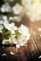 Cereza florecer en de madera antecedentes creado utilizando generativo ai foto