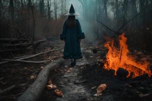 A women in a dark forest created using photo