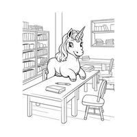 cute unicorn on the table learning color page vector