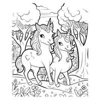 couple unicorn walking in forest color page vector
