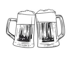 Illustration of two toasting beer mugs. Cheers. Clinking glass tankards full of beer. Hand drawn vector line art