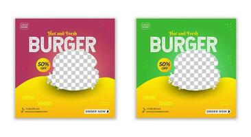 two burger posters with different colors and shapes vector