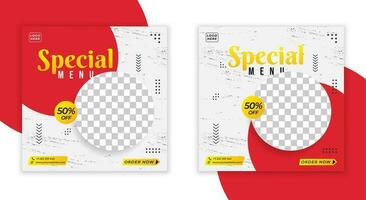 two posters for a special menu on a red and white background vector