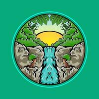 waterfall in the middle of a jungle circle rounded illustration vector