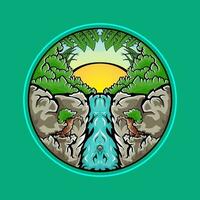 waterfall in the middle of a jungle circle rounded illustration vector