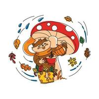 ute raccoon drinks tea hiding from the rain under a fly agaric hat in the autumn forest. Autumn illustration. vector