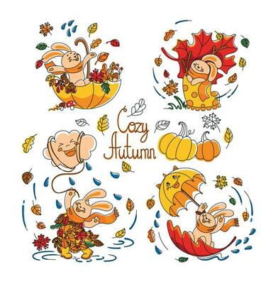 Cute bunny is playing in the park with autumn leaves. Cozy autumn. Child's illustration. Vector.