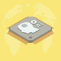 AI processing chip on yellow background with white globes overlaid. vector