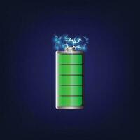 Discharged full battery glowing with green light charging status indicator isolated on blue background. Realistic glass power battery. 3d vector illustration.