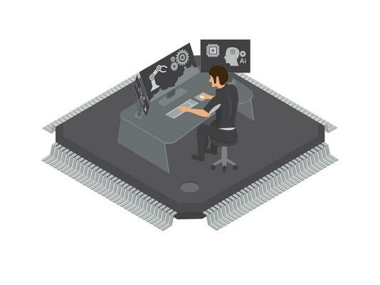 Managers are using computers to develop robot arm control software on large microchips.
