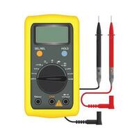 Multimeter electrical or electronics in yellow silicone shell, with probes. Electrician power tools. Isolated on white background, vector illustration.