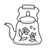 Kettle doodle. Vintage teapot with flowers in a linear style. Vector isolated illustration on a white background