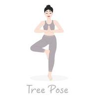 The girl does yoga. Yoga tree pose. The designation of the yoga pose. Vector flat illustration